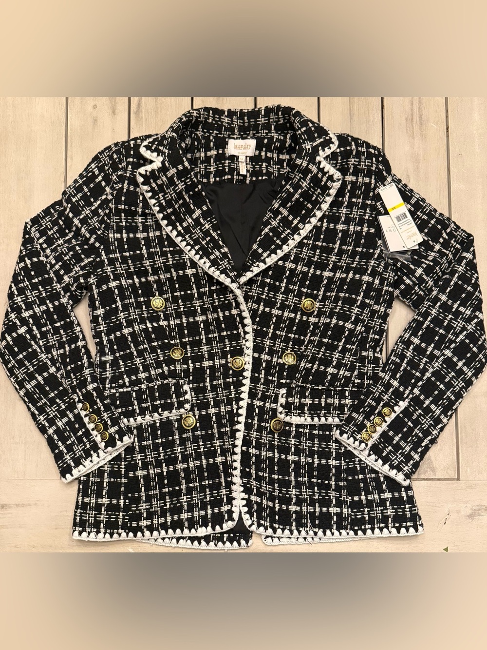 Laundry Shelli Segal Black White Plaid Tweed Blazer Jacket Blanket Stitch Med